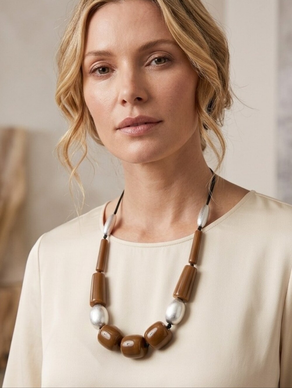 J. Jill Chunky Brown and Silvertone Beaded Statement Necklace Adjustable NWT $44